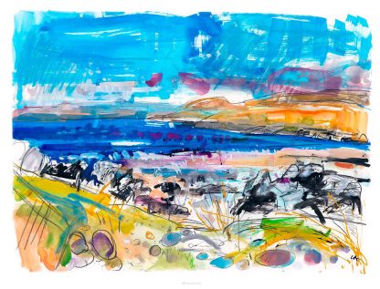 A vibrant, abstract watercolor painting depicting a stylized landscape with blue skies, layered hills, and textured foreground. By Claire Arbuthnott
