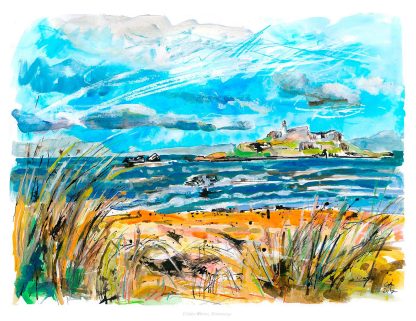 A vibrant watercolor painting depicting a coastal landscape with a castle, sea, sky, and foreground vegetation. By Claire Arbuthnott