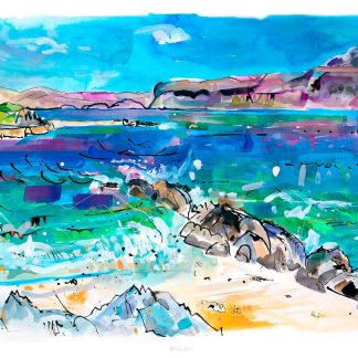 The image displays a vibrant and abstract watercolor painting with splashes of blue, green, and sandy hues, suggesting a lively coastal landscape. By Claire Arbuthnott