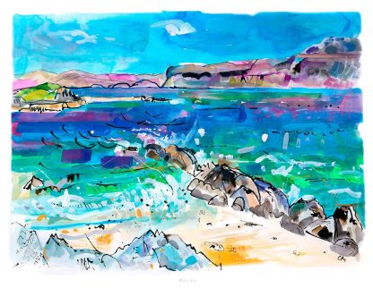 The image displays a vibrant and abstract watercolor painting with splashes of blue, green, and sandy hues, suggesting a lively coastal landscape. By Claire Arbuthnott