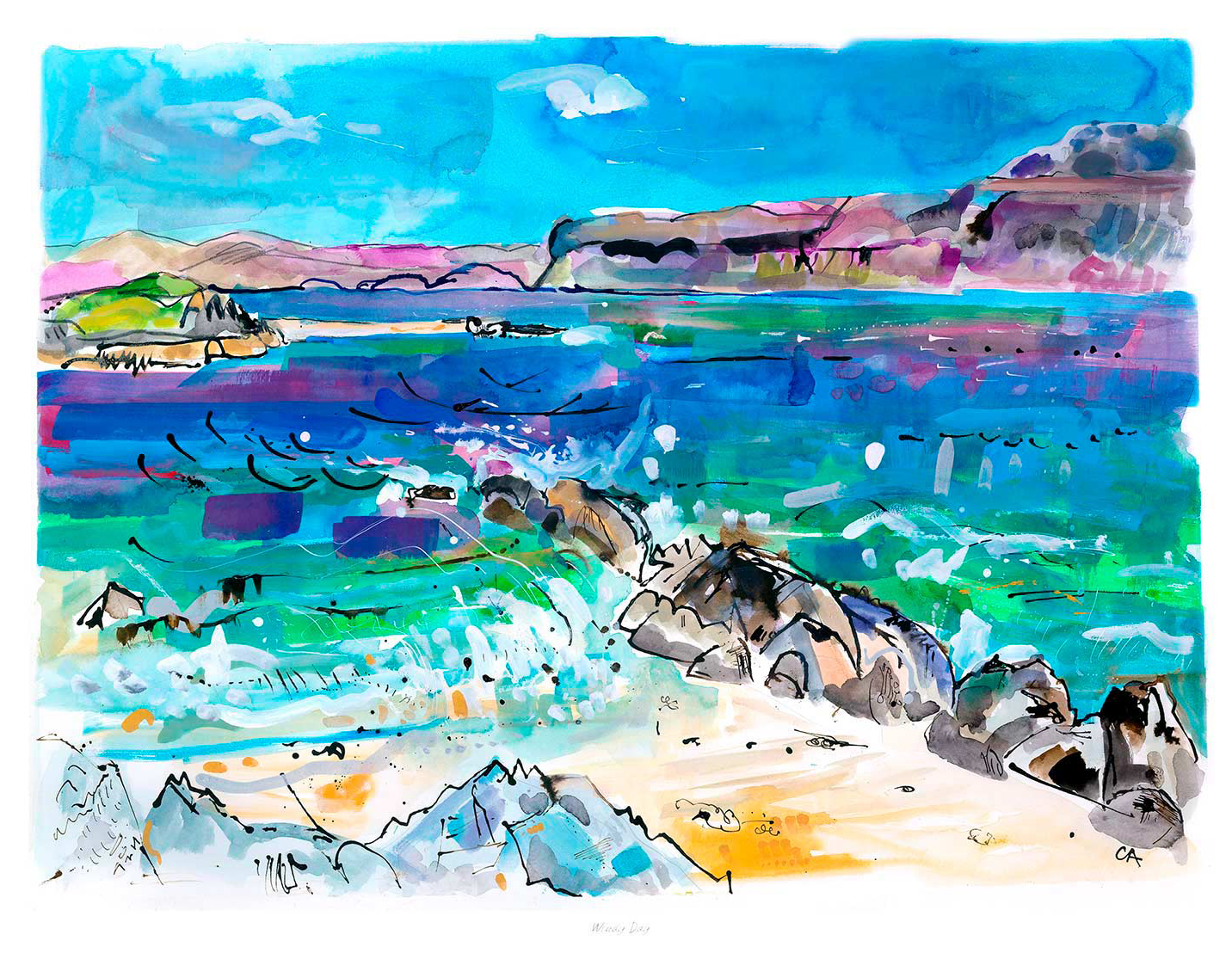 The image displays a vibrant and abstract watercolor painting with splashes of blue, green, and sandy hues, suggesting a lively coastal landscape. By Claire Arbuthnott