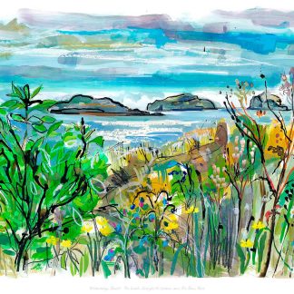 A vibrant watercolor painting depicting a coastal landscape with green foliage, colorful flowers, and blue water under a sky with soft clouds. By Claire Arbuthnott