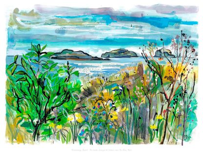 A vibrant watercolor painting depicting a coastal landscape with green foliage, colorful flowers, and blue water under a sky with soft clouds. By Claire Arbuthnott