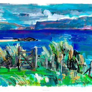 An abstract colorful painting featuring a vivid landscape with a fence, vegetation, and a body of water under a bright sky. By Claire Arbuthnott