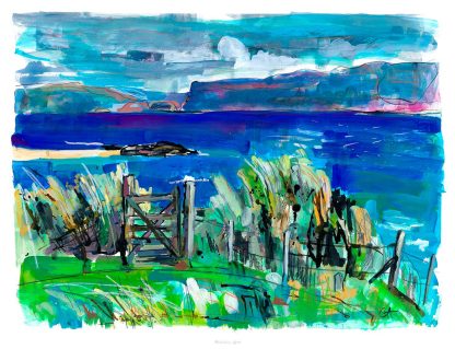 An abstract colorful painting featuring a vivid landscape with a fence, vegetation, and a body of water under a bright sky. By Claire Arbuthnott