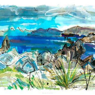 A vibrant, abstract watercolor painting of a coastal landscape with blue skies, mountains, and greenery. By Claire Arbuthnott