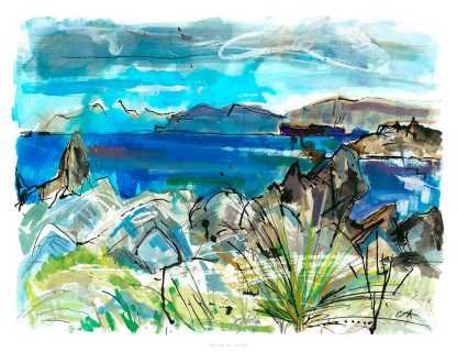 A vibrant, abstract watercolor painting of a coastal landscape with blue skies, mountains, and greenery. By Claire Arbuthnott