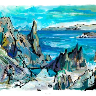 An abstract, colorful painting of a coastal landscape with cliffs and a body of water. By Claire Arbuthnott