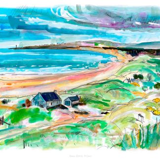 The image is a vibrant, colorful watercolor painting of a coastal landscape with houses and a beach. By Claire Arbuthnott