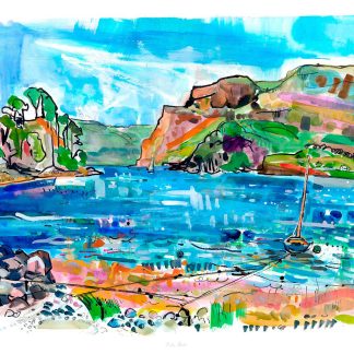 A colorful watercolor painting of a scenic coastline with a sailboat and greenery under a bright blue sky. By Claire Arbuthnott