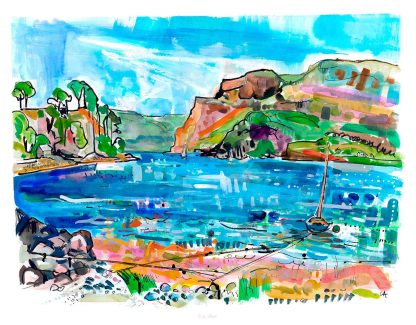 A colorful watercolor painting of a scenic coastline with a sailboat and greenery under a bright blue sky. By Claire Arbuthnott