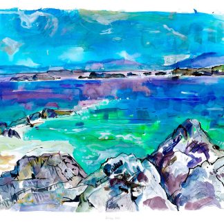 A vibrant painting featuring an abstract representation of a coastal landscape with blue skies and rocky shores. By Claire Arbuthnott