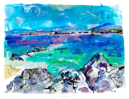 A vibrant painting featuring an abstract representation of a coastal landscape with blue skies and rocky shores. By Claire Arbuthnott