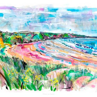 A vibrant, abstract watercolor painting depicting a coastal landscape with dynamic brush strokes and expressive color use. By Claire Arbuthnott