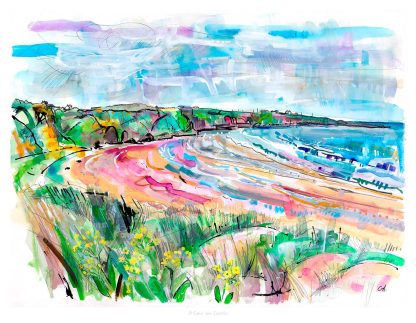 A vibrant, abstract watercolor painting depicting a coastal landscape with dynamic brush strokes and expressive color use. By Claire Arbuthnott