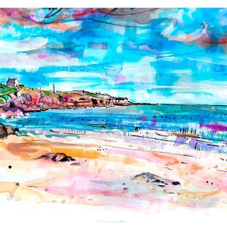 The image depicts a colorful, abstract-style painting of a beach scene with a figure, houses, and vibrant sky. By Claire Arbuthnott