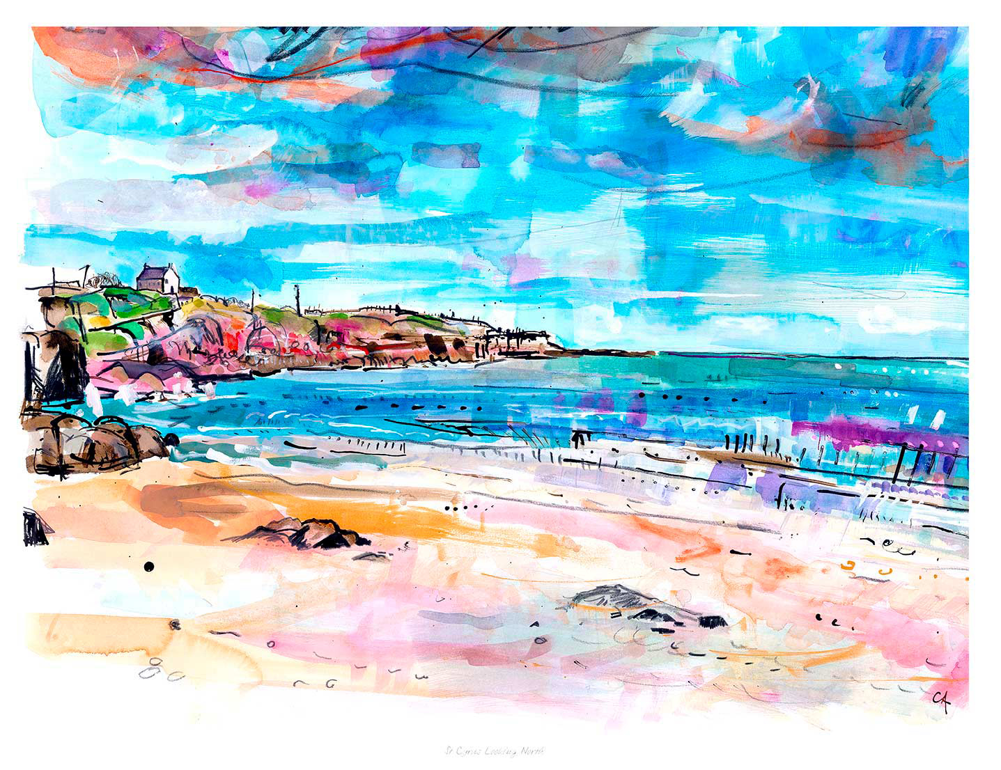 The image depicts a colorful, abstract-style painting of a beach scene with a figure, houses, and vibrant sky. By Claire Arbuthnott