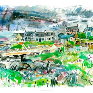 The image is a colorful watercolor painting of a quaint village with houses along a shoreline under a dynamic sky. By Claire Arbuthnott