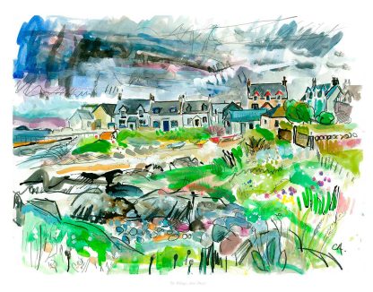 The image is a colorful watercolor painting of a quaint village with houses along a shoreline under a dynamic sky. By Claire Arbuthnott