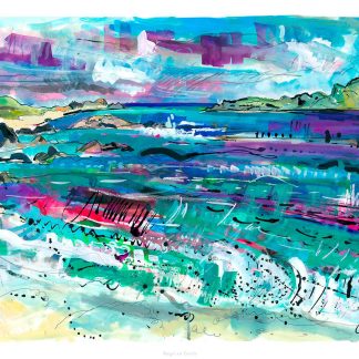 A colorful abstract painting depicting a landscape with vivid brushstrokes and a blend of various hues, possibly representing a seaside scene. By Claire Arbuthnott