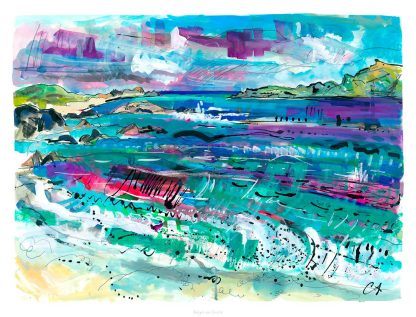 A colorful abstract painting depicting a landscape with vivid brushstrokes and a blend of various hues, possibly representing a seaside scene. By Claire Arbuthnott