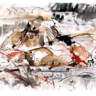 The image features an abstract painting with a mix of chaotic lines and earthy tones, possibly depicting a rugged landscape or a free-form artistic expression. By Claire Arbuthnott