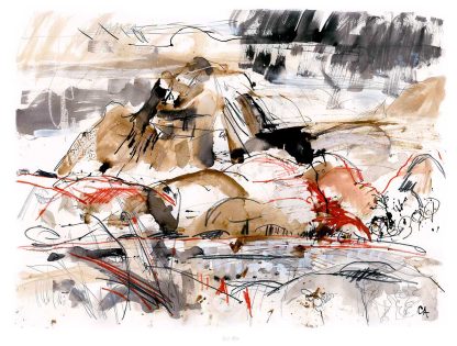 The image features an abstract painting with a mix of chaotic lines and earthy tones, possibly depicting a rugged landscape or a free-form artistic expression. By Claire Arbuthnott