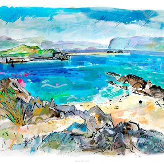 The image depicts a colorful and abstract coastal landscape painting with vibrant blues, greens, and hints of pink, illustrating sea, sky, and land elements. By Claire Arbuthnott