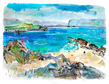 The image depicts a colorful and abstract coastal landscape painting with vibrant blues, greens, and hints of pink, illustrating sea, sky, and land elements. By Claire Arbuthnott