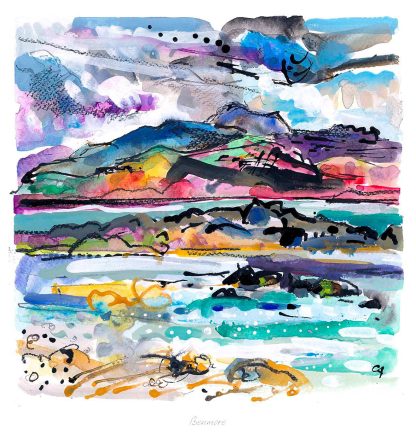 The image is a colorful, abstract watercolor painting with layered streaks and splatters, possibly representing a landscape or sea scene. By Claire Arbuthnott