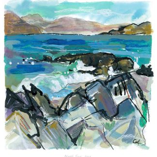 A vibrant watercolor painting depicting a rocky seascape with mountains in the background. By Claire Arbuthnott