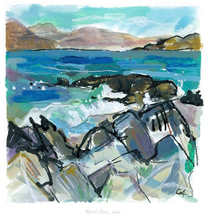 A vibrant watercolor painting depicting a rocky seascape with mountains in the background. By Claire Arbuthnott