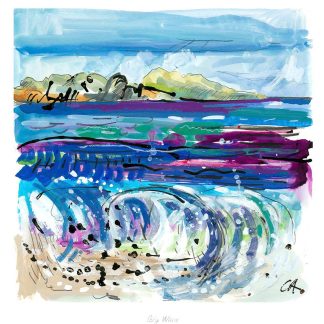 A vibrant, abstract painting depicting a large wave in the foreground with colorful patterns and a mountainous landscape in the background. By Claire Arbuthnott