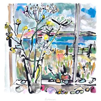 A vibrant watercolor painting depicting a scenic view through a window with plants and flowers in the foreground. By Claire Arbuthnott