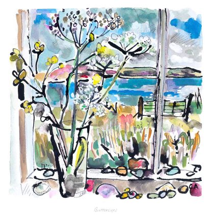 A vibrant watercolor painting depicting a scenic view through a window with plants and flowers in the foreground. By Claire Arbuthnott