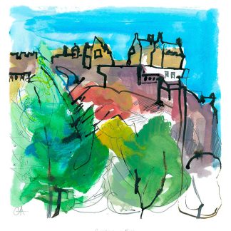 A colorful, abstract painting of a castle on a rock with vibrant trees in the foreground and a blue sky background. By Claire Arbuthnott