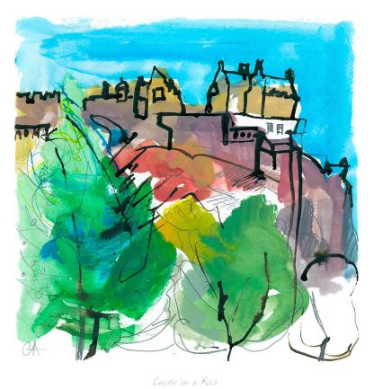 A colorful, abstract painting of a castle on a rock with vibrant trees in the foreground and a blue sky background. By Claire Arbuthnott