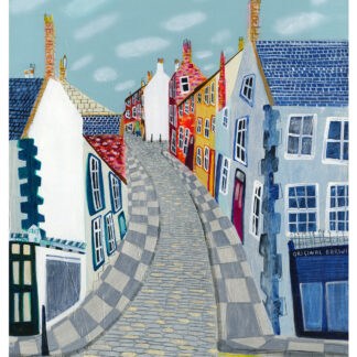 A colorful painting of a charming, curved street lined with vibrant, quaint townhouses under a blue sky. By Nikki Monaghan