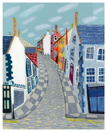 A colorful painting of a charming, curved street lined with vibrant, quaint townhouses under a blue sky. By Nikki Monaghan