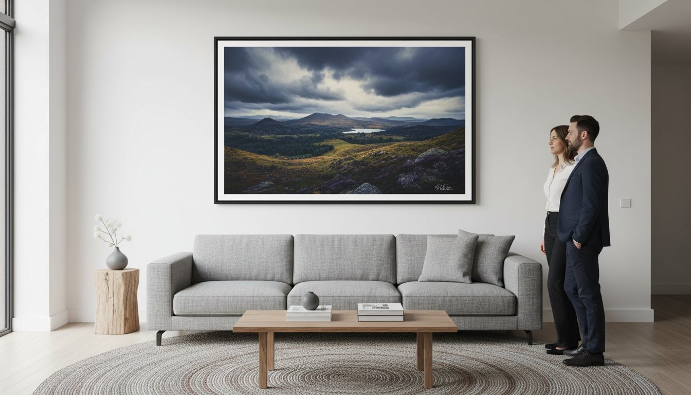 A man and woman in business attire stand in a modern living room with a grey sofa, wooden table, and a large framed landscape photograph of mountains and clouds hanging on the wall.