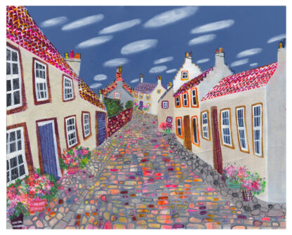A colorful illustration of a quaint village street with cobblestones and charming houses under a twilight sky. By Nikki Monaghan