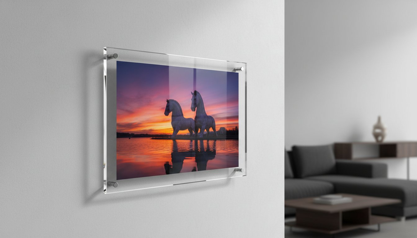 A framed photo of two unicorns standing in water at sunset hangs on a white wall in a modern living room with a grey sofa and minimal decor.