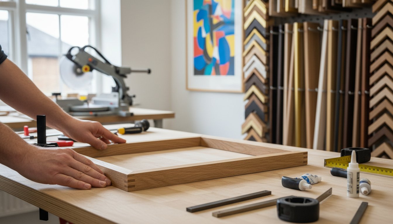 A person assembles a wooden picture frame on a workbench, surrounded by tools and supplies, with various frame samples and a colorful abstract painting visible in the background.