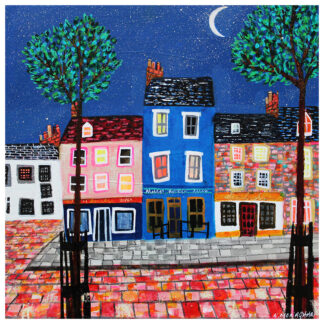 A vibrant, colorful painting of a quaint street with whimsical buildings under a starry night sky. By Nikki Monaghan