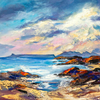 A vibrant painting of a coastal scene with dramatic skies, textured cliffs and a serene sea. By Dronma