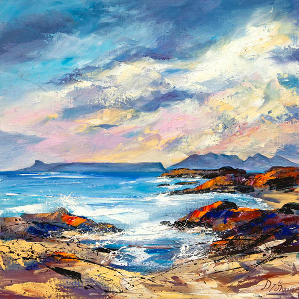 A vibrant painting of a coastal scene with dramatic skies, textured cliffs and a serene sea. By Dronma