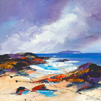 An abstract coastal painting with vivid colors depicting a beach scene with a dynamic sky and sea. By Dronma