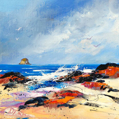 A vibrant, textured painting of a beach scene with blue sea, white waves, a rocky shoreline under a cloudy sky. By Dronma