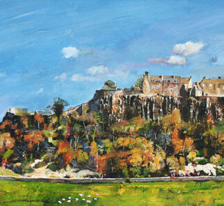 Stirling Castle in Autumn: A painting of the castle on a rocky hill, surrounded by amber trees, blue sky, green fields, sheep grazing near white houses.