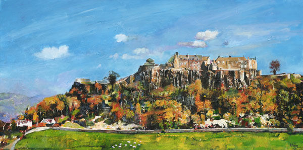 Stirling Castle in Autumn: A painting of the castle on a rocky hill, surrounded by amber trees, blue sky, green fields, sheep grazing near white houses.